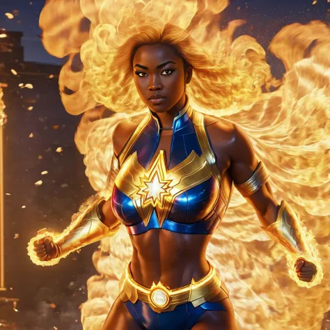 a muscular female superhero, diverse, woke, BLM, ready to fight the injustice of the western world, drinks bud light, does not watch fox news, watches CNN, similar to captain marvel but even more woke, hourglass figure, shooting fire, on fire, super hero, flmngprsn, <lora:flaming-person:1.1>,highres, masterpiece, 8k, 4k, (realistic photo), (photorealistic:1.2), bokeh