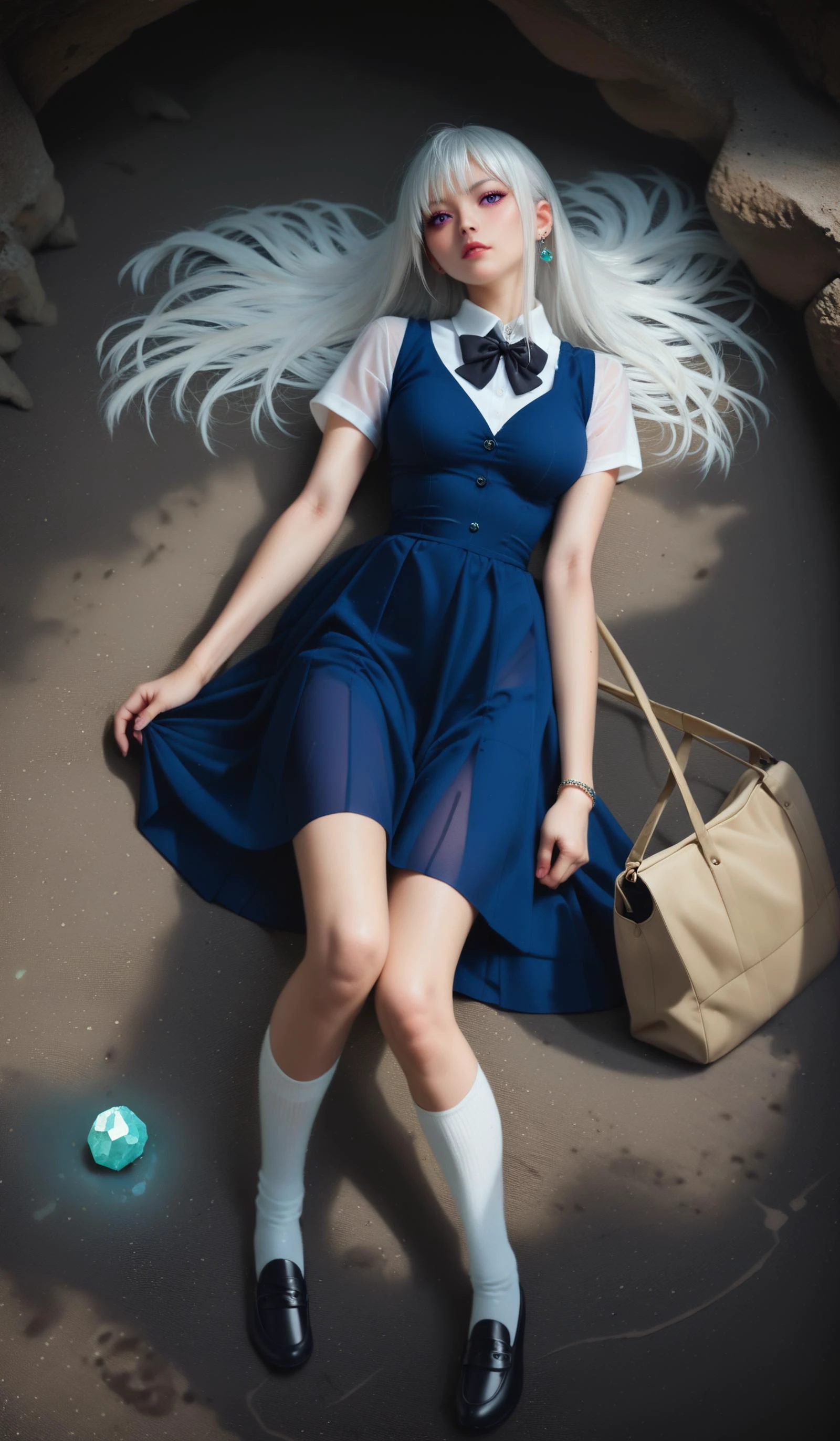 score_9, score_8_up, asian,chinese,
(Kazami Kazuki,very long hair,white hair,sidelocks,bangs,purple eyes,school uniform,blue dress,collared dress,black bowtie,white shirt,short sleeves,medium breasts,white socks,loafers,),
peerlessly beautiful idol,(see-through_clothing),(dynamic angle,dynamic pose),shine,glowing,energy coalescing and vibrating,whole_body,Lying down,
wearing gown,charming,alluring,seductive,erotic,enchanting,
(drawstring bag ),(glowing vivacious emerald, greasy, silver, wear resistance, filling, limited supply, edgy, gothic revival, spiritual and meditation),(canyon, snail),
(Around floating colorful ice:1.4)the most beautiful form of chaos,(square:1.4),(colorful herbs:1),