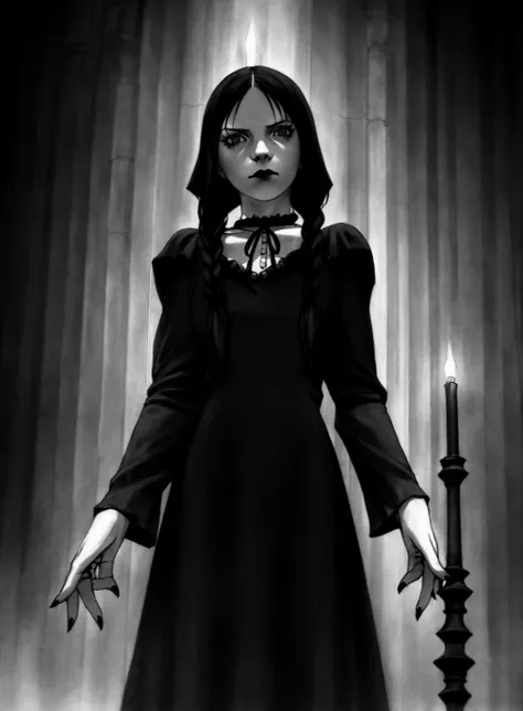 Wednesday Adams, the iconic and gothic character from The Addams Family. The costume should be highly detailed and accurately depict Wednesday's appearance and features, including her distinctive black dress and braids. The image should show Wednesday in a stoic and introspective pose, with her body posture and facial expression conveying her intelligence and wit. The lighting should be natural and atmospheric, and the overall aesthetic should be gothic and mysterious. The image should be rendered in a realistic style, using vibrant and lifelike colors and highly detailed textures. The composition should be dynamic and engaging, with Wednesday's costume serving as the main focus of the image.