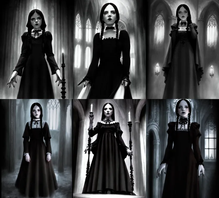 Wednesday Adams, the iconic and gothic character from The Addams Family. The costume should be highly detailed and accurately depict Wednesday's appearance and features, including her distinctive black dress and braids. The image should show Wednesday in a stoic and introspective pose, with her body posture and facial expression conveying her intelligence and wit. The lighting should be natural and atmospheric, and the overall aesthetic should be gothic and mysterious. The image should be rendered in a realistic style, using vibrant and lifelike colors and highly detailed textures. The composition should be dynamic and engaging, with Wednesday's costume serving as the main focus of the image.