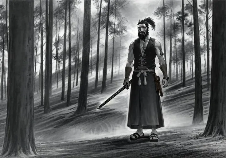 forest expanse, ponytail, scars, (beard), male samurai, (geta shoes), (sleeveless robe), katana holster <lora:theovercomer8sContrastFix_sd15:0.4>