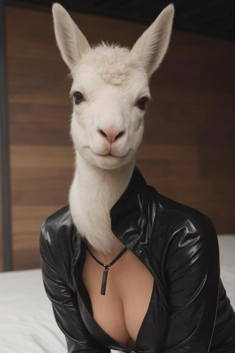 sharp focus, happy llama in black latex