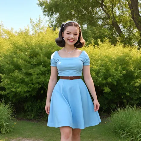 (masterpiece, highest quality, high quality, best quality:1.3, realistic), portrait of a 1girl standing, wide hips, small breasts, 1950's clothing, summer dress, (mini skirt), 2020's hairstyle, (alluring smile:1.2), full body