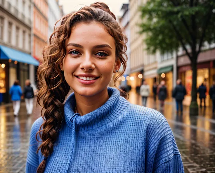 raw photo, realistic photo of a 20yo skandinavian woman, brown curly messy hair, ponytail, shopping street, after rain, smiling, blue sweater, highly detailed, perfect face, 64k, photorealistic, <lora:add_detail:0.7>