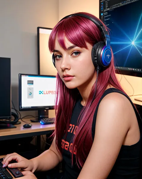 raw photo, solo, 1girl, hyperrealistic photo of a kaukasian gamer girl, colored hair, headphones, sitting infront of a computer, playing games, highly detailed, perfect face, 64k, photorealistic,