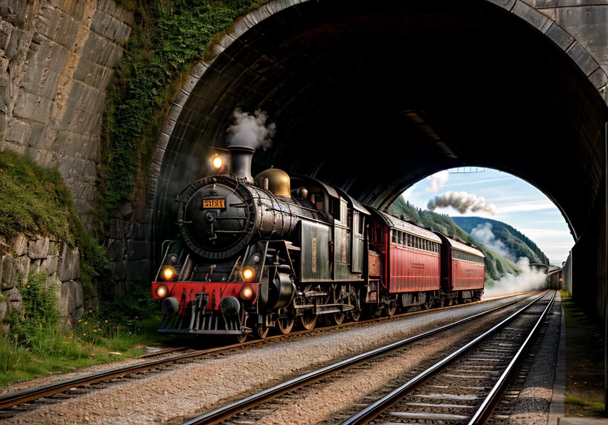 raw photo, realistic photo of a old steam locomotive on a track through the swiss mountains, black smoke from the cimney, (comming out of a narrow tunnel:1.4), eveninglight, low sun, view from the front, photography, hyper realism, 64k, <lora:add_detail:1>
