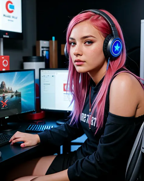 raw photo, solo, 1girl, hyperrealistic photo of a kaukasian gamer girl, colored hair, headphones, sitting infront of a computer, playing games, highly detailed, perfect face, 64k, photorealistic,