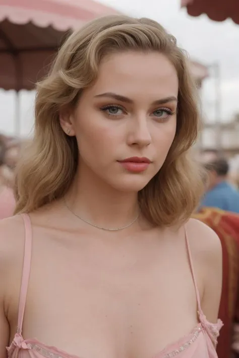 razor sharp focus, intricate detail, a beautiful woman, at a carnival, 1950s vacation, 1950s hairstyle and clothes, blonde hair <lora:BimboMakeup_v1:0.2>