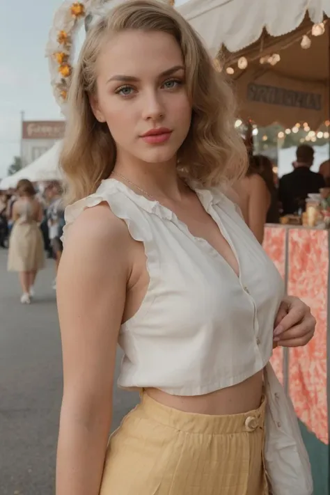 razor sharp focus,  intricate detail, a beautiful woman, at a carnival, 1950s vacation, 1950s hairstyle and clothes, blonde hair (cinematic lighting:1.1), photographed on a Fujifilm X-H2S, 90mm F/8 Macro Lens, with expired Kodak VISION3 500T color negative film, 8k, (full body:1.0) <lora:BimboMakeup_v1:0.2>