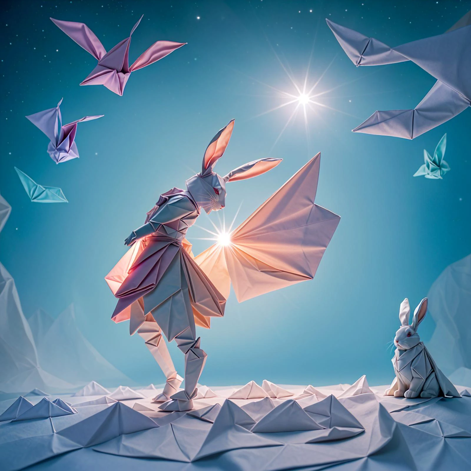<lora:last:1> <lora:FluxDFaeTasticDetails:1> fashion photography, soft rim lighting, ((Origami art full rabbit)), FluxDFaeTasticDetails, Ethereal Lighting, In space, best quality, masterpiece, ultra highres, ultra realistic, 8k, HDR, warrior rabbit detailled, realistic, looking right side, combat pose with big detailled silver sword in rabbit hand, Cinestill and ever-changing, (backgound tiny fantasy village crumpled paper), HD32K, invisible light, mystic fog colors and light