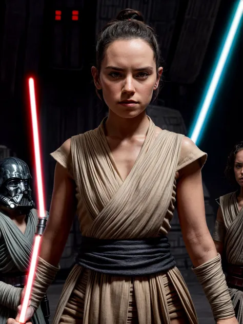 woman,(daisyrdl,jedi robe),ponytail,serious,legs,standing,star wars background,(dynamic pose:1.3),masterpiece,bokeh,dof,highly detailed,add_detail,soft lighting,volumetric lighting,film grain,cinematic