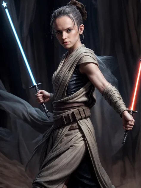 (daisyrdl,jedi robe),pants,ponytail,serious,legs,standing,star wars background,(dynamic pose:1.3),masterpiece,bokeh,dof,highly detailed,add_detail,soft lighting,volumetric lighting,film grain,cinematic