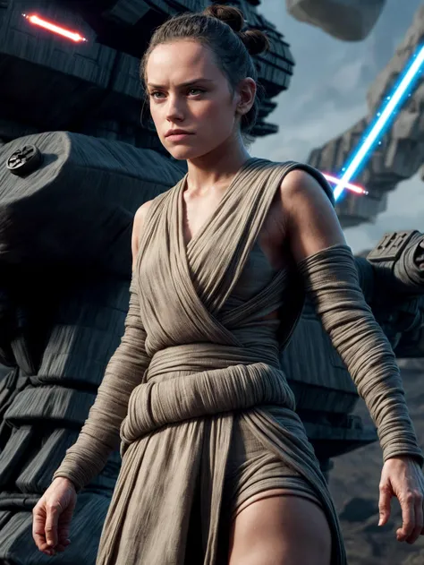 (daisyrdl,jedi robe),ponytail,serious,legs,standing,star wars ship in background,(dynamic pose:1.3),masterpiece,bokeh,dof,highly detailed,add_detail,soft lighting,volumetric lighting,film grain,cinematic