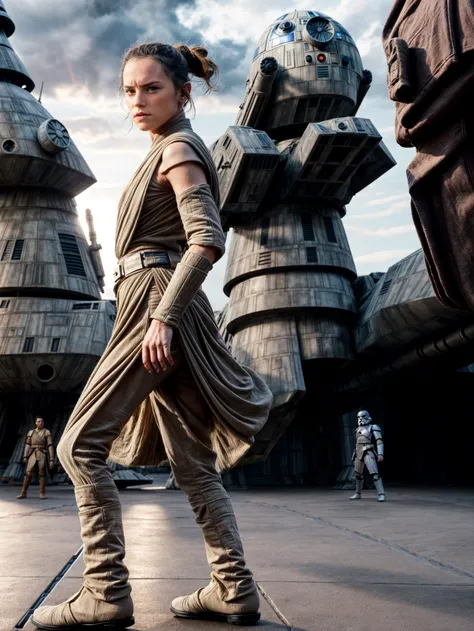 (daisyrdl,jedi robe),ponytail,serious,legs,standing,star wars ship in background,(dynamic pose:1.3),masterpiece,bokeh,dof,highly detailed,add_detail,soft lighting,volumetric lighting,film grain,cinematic