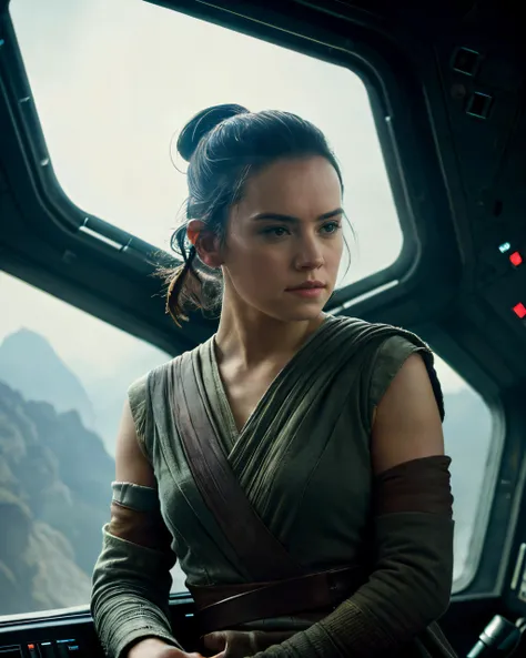 <lora:daisyrdl-4:1> daisyrdl,ponytail,rey skywalker cosplay,sitting on cockpit of millenium falcon,low fov,star wars ship, interior of millenium falcon,rd2d in background,cinematic,Canon powershot , bokeh,filmic grain,motion blur,soft lighting ,neon lights,uhd,8k,ultrasharp,masterpiece,nighttime,low brightness,dimly lit ,craig mullins and wayne barlowe style,by artgerm