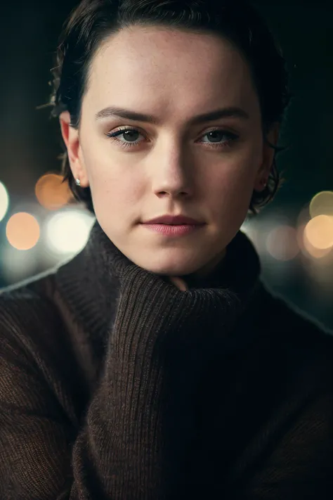<lora:daisyrdl-4:1> a photo of daisyrdl ,serious,short hair,cinematic,Canon powershot , bokeh,filmic grain,motion blur,soft lighting ,neon lights,uhd,8k,ultrasharp,masterpiece,city street,nighttime,wearing a sweater,low brightness,dimly lit