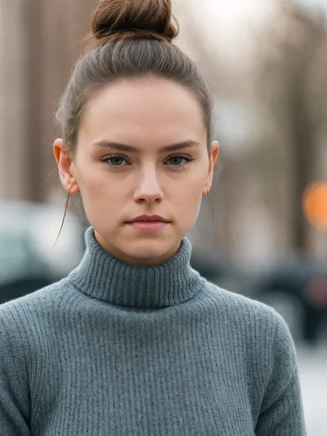 <lora:daisyrdl 2.0:1> daisyrdl,serious,hair bun,wearing turtleneck,full length portrait,wearing turtleneck,canon powershot,masterpiece,city street,bokeh,extreme dof,highly detailed,8k,uhd,soft lighting