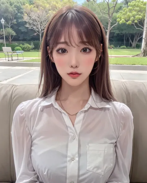 best quality, photorealistic, 8k, high res, full color, 1girl, woman, 20 years old woman, (closed mouth:1.73), (skindentation), (portrait:0.6), trees, park bench, daylight, ((park background:1.52)), full color, ((whitebuttonedshirt:1.58)), looking at viewer:1.8, (1girl eyes looking at viewer:1.55), (medium hair, brownhair, partedbangs:1.45), (bokeh), <lora:AAV-konan:0.69>
