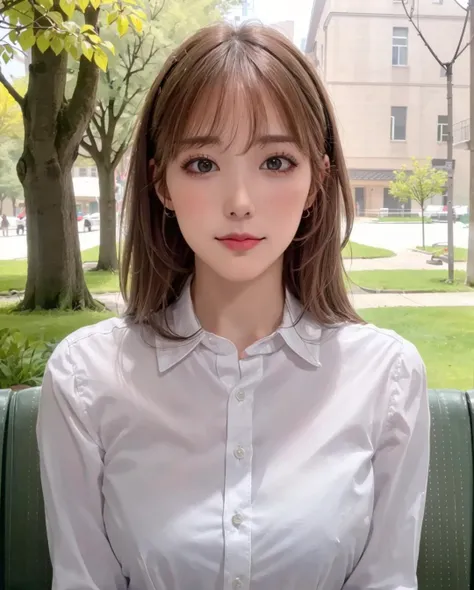 best quality, photorealistic, 8k, high res, full color, 1girl, woman, 20 years old woman, (closed mouth:1.73), (), (portrait:0.6), trees, park bench, daylight, ((park background:1.52)), full color, ((whitebuttonedshirt:1.58)), looking at viewer:1.8, (1girl eyes looking at viewer:1.55), (medium hair, brownhair, partedbangs:1.45), (bokeh), <lora:AAV-konan:0.69>