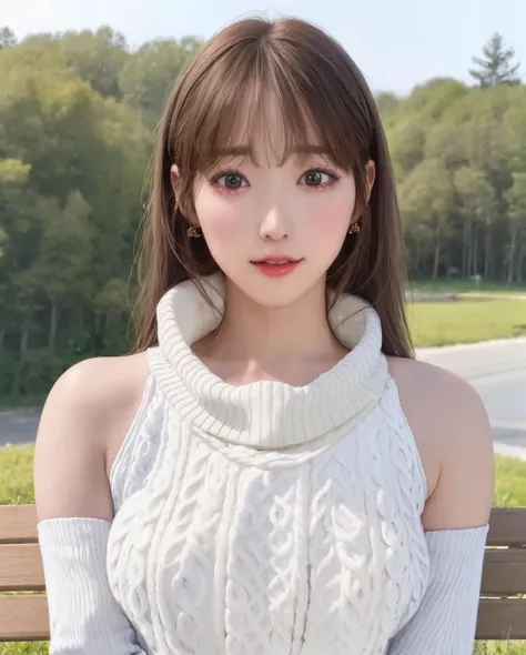 pureerosface_v1, best quality, photorealistic, 8k, high res, full color, 1girl, woman, 20 years old woman, (closed mouth:1.2), (skindentation), (portrait:0.6), trees, park bench, daylight, ((park background:1.52)), full color, ((necksweater:1.68)), straight-looking at viewer:1.8, (1girl eyes looking at viewer:1.55), (shoulder-length hair, blackhair, partedbangs:1.45), (bokeh), <lora:AAV-konan:0.7>