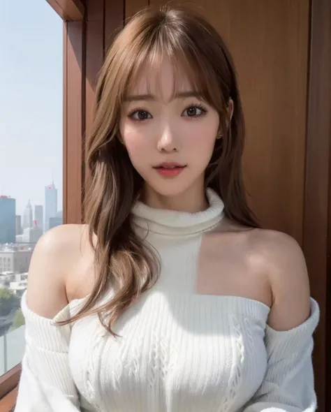pureerosface_v1, best quality, photorealistic, 8k, high res, full color, 1girl, woman, 20 years old woman, (closed mouth:1.52), (skindentation), (portrait:0.6), skyscraper, tall building, daylight, ((cityscape background:1.52)), full color, ((necksweater:1.68)), straight-looking at viewer:1.8, (1girl eyes looking at viewer:1.55), (shoulder-length hair, blondhair, partedbangs:1.45), (bokeh), <lora:AAV-konan:0.7>