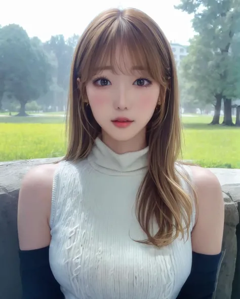 pureerosface_v1, best quality, photorealistic, 8k, high res, full color, 1girl, woman, 20 years old woman, (closed mouth:1.2), (skindentation), (portrait:0.6), trees, park bench, daylight, ((park background:1.52)), full color, ((necksweater:1.68)), straight-looking at viewer:1.8, (1girl eyes looking at viewer:1.55), (shoulder-length hair, blonde-brownhair, partedbangs:1.45), (bokeh), <lora:AAV-konan:0.7>