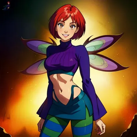 Will, short red hair, brown, solo, standing, smiling,  cowboyshot
Vandom,midriff ,wide sleeves, green-blue striped pantyhose, purple turtleneck, purple boots,  navel,  miniskirt, 
fairy wings, 
(insanely detailed, beautiful detailed face, masterpiece, best quality) cinematic lighting,  
<lora:WillVandom-10v2:0.8>