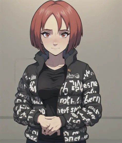 Will, short red hair, brown, solo, (insanely detailed, beautiful detailed face, masterpiece, best quality) cinematic lighting,, <lora:WillVandom-10v2:0.8>, drip jacket,white background, shirt, jacket, closed mouth, open clothes, black pants, pants, 1girl, black shirt, looking at viewer, open jacket, solo, own hands together <lora:drip_jacket:0.8>