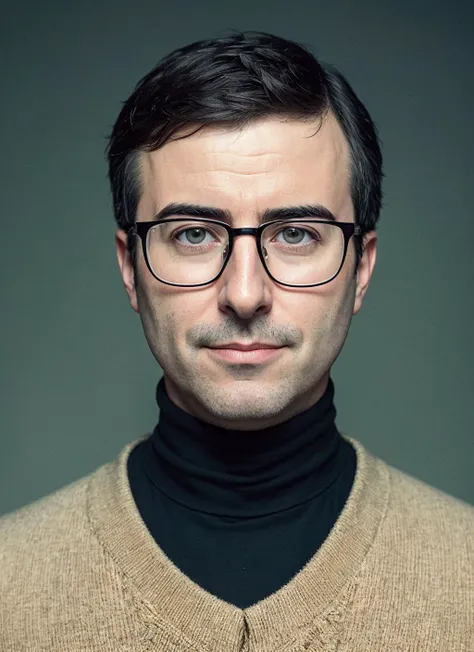 close up, smiling, <lora:lora_johnoliver_v1_from_v1_160:1>, A stunning intricate full color portrait of (sks person:1), glasses, masculine
wearing a black turtleneck,
epic character composition,
by ilya kuvshinov, alessio albi, nina masic,
sharp focus, natural lighting, subsurface scattering, f2, 35mm, film grain