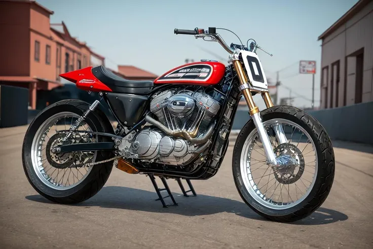 masterpiece, best quality, absurdres, XR750, no humans, showroom, simple background, <lora:HarleyDavidson:1>