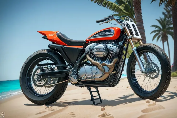 masterpiece, best quality, absurdres, XR750, no humans, vehicle focus, beach, <lora:HarleyDavidson-000008:1>
