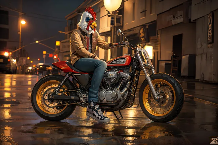 masterpiece, best quality, absurdres, 1boy, solo, JacketHotlineMiami, mask, letterman jacket, jeans, XR750, on motorcycle, road, night, rain, reflection, wet road, <lora:Jacket-000005:0.9>, <lora:HarleyDavidson:0.8>
