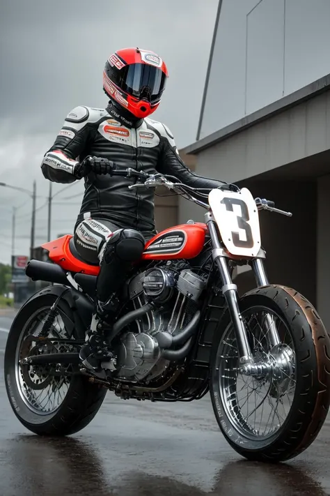 masterpiece, best quality, absurdres, 1boy, solo, motorcycle helmet, motorcycle suit, XR750, on motorcycle, road, night, rain, reflection, wet road, <lora:HarleyDavidson:1>