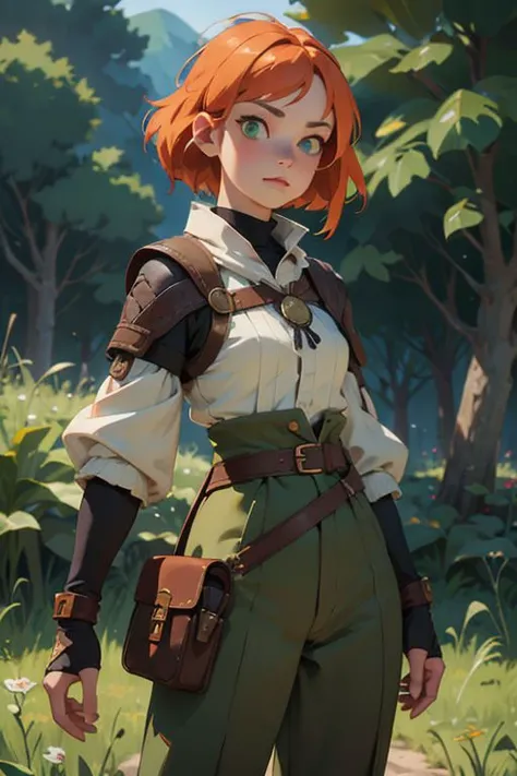 1girl, witcher outfit, small waist, orange hair, green eyes, (realistic eyes:1.3), perfect composition, 8K, intricate details, studio ghibli anime background, (best quality:1.3), masterpiece,