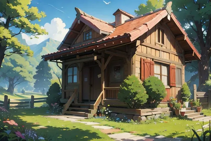 small village house far on mountain, under the tree view, flowers, fences, birds, shadows , dolamites, relaxing nature, intricate details, studio ghibli anime, beautiful, intricate details. 8K resolution, (best quality:1.3), (masterpiece:1.3),