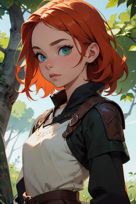 1girl, witcher outfit, small waist, orange hair, green eyes, (realistic eyes:1.3), perfect composition, 8K, intricate details, studio ghibli anime background, (best quality:1.3), masterpiece,