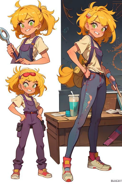(full body), (charactersheet), (multiple views, full body, upper body, reference sheet), BREAK
1girl, (goldie_blox), green eyes, freckles, solo, beautiful face, delicate and detailed anime body, correct anatomy, BREAK
shirt, pants, sneakers, paint stained, wrench in hand, BREAK
(masterpiece, best quality), (absurdres:1.2), (ultra detailed, 8K, ultra highres:1.2), (bokeh, sharp focus, depth of field), full body, BREAK
sexy, happy, playful, seductive, cute, consistent, colorful, smiling, grin, BREAK
garage, work table