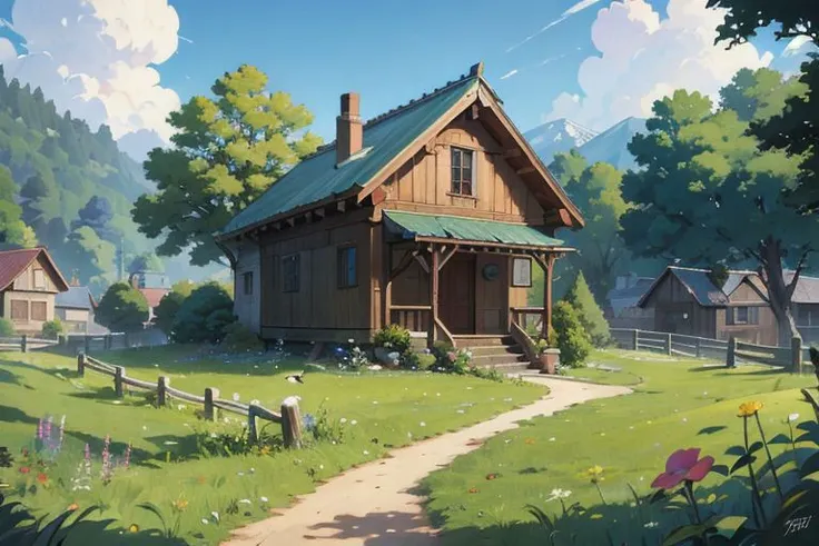 small village house far on mountain, under the tree view, flowers, fences, birds, shadows , dolamites, relaxing nature, intricate details, studio ghibli anime, beautiful, intricate details. 8K resolution, (best quality:1.3), (masterpiece:1.3),