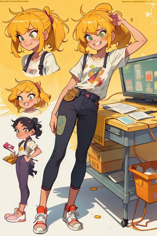 (full body), (charactersheet), (multiple views, full body, upper body, reference sheet), BREAK
1girl, (goldie_blox), green eyes, freckles, solo, beautiful face, delicate and detailed anime body, correct anatomy, BREAK
shirt, pants, sneakers, paint stained, wrench in hand, BREAK
(masterpiece, best quality), (absurdres:1.2), (ultra detailed, 8K, ultra highres:1.2), (bokeh, sharp focus, depth of field), full body, BREAK
sexy, happy, playful, cute, consistent, colorful, smiling, grin, BREAK
garage, work table