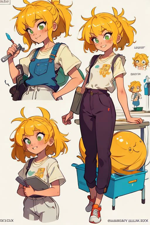 (full body), (charactersheet), (multiple views, full body, upper body, reference sheet), BREAK
1girl, (goldie_blox), green eyes, freckles, solo, beautiful face, delicate and detailed anime body, correct anatomy, BREAK
shirt, pants, sneakers, paint stained, wrench in hand, BREAK
(masterpiece, best quality), (absurdres:1.2), (ultra detailed, 8K, ultra highres:1.2), (bokeh, sharp focus, depth of field), full body, BREAK
sexy, happy, playful, seductive, cute, consistent, colorful, smiling, grin, BREAK
garage, work table