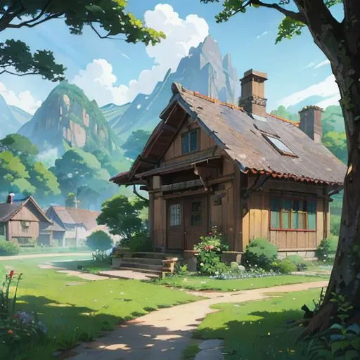 Peaceful village house surrounded by greenery, ancient wreck statue, mountains behind, studio ghibli anime ,anime illustration,((beautiful)),(((best quality, masterpiece)))