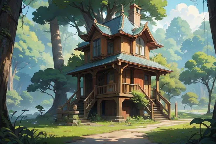 conceptual hidden watch tower, surrounded by large trees, ancient road, jungle ,composition components, studio ghibli anime, anime illustration,((beautiful)),(((best quality, masterpiece))),(((clear texture))),(((detailed texture))),(((high resolution)))