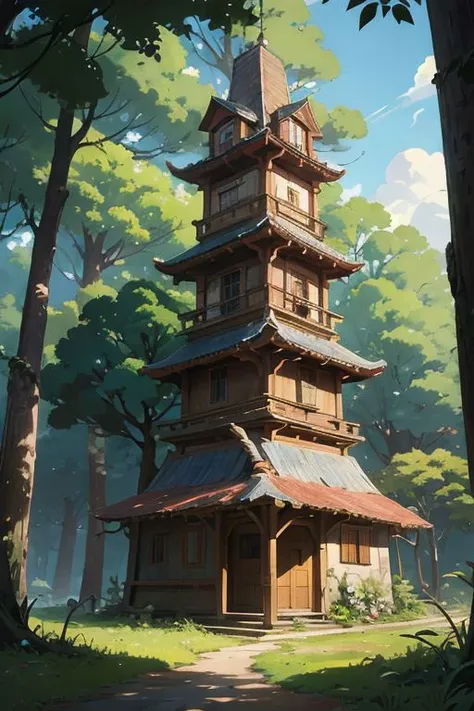 hidden watch tower, surrounded by large trees, ancient road, jungle ,composition components, studio ghibli anime, anime illustration,((detailed composition)),((beautiful)),(((best quality, masterpiece))),(((clear texture))),(((detailed texture)))