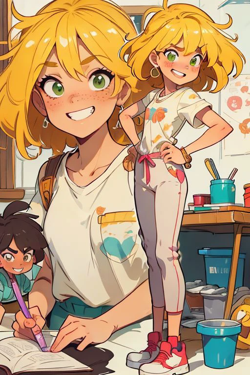 (full body), (charactersheet), (multiple views, full body, upper body, reference sheet), BREAK
1girl, (goldie_blox), green eyes, freckles, solo, beautiful face, delicate and detailed anime body, correct anatomy, BREAK
shirt, pants, sneakers, paint stained, wrench in hand, BREAK
(masterpiece, best quality), (absurdres:1.2), (ultra detailed, 8K, ultra highres:1.2), (bokeh, sharp focus, depth of field), full body, BREAK
sexy, happy, playful, seductive, cute, consistent, colorful, smiling, grin, BREAK
garage, work table