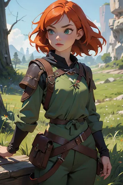 1girl, witcher outfit, small waist, orange hair, green eyes, (realistic eyes:1.3), perfect composition, 8K, intricate details, studio ghibli anime background, (best quality:1.3), masterpiece,