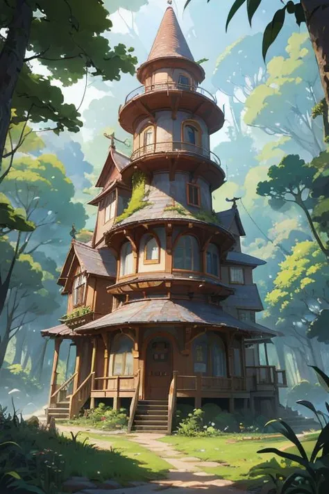 conceptual hidden watch tower, surrounded by large trees, ancient road, jungle ,composition components, studio ghibli anime, anime illustration,((beautiful)),(((best quality, masterpiece))),(((clear texture))),(((detailed texture))),(((high resolution)))