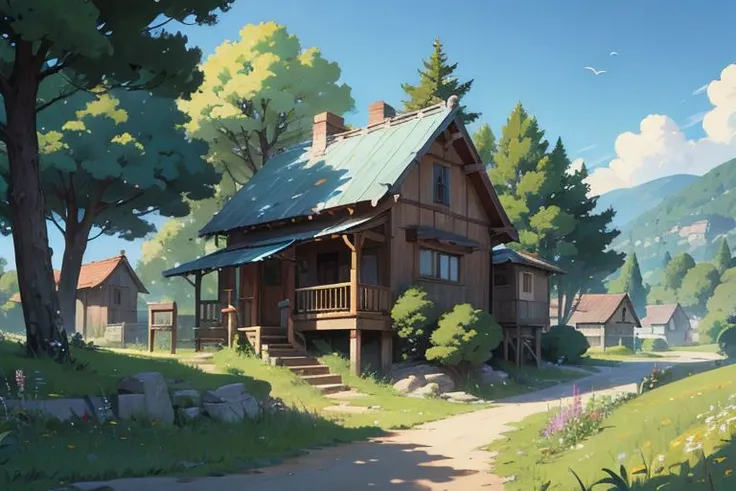 small village house far on mountain, under the tree view, flowers, fences, birds, shadows , dolamites, relaxing nature, intricate details, studio ghibli anime, beautiful, intricate details. 8K resolution, (best quality:1.3), (masterpiece:1.3),