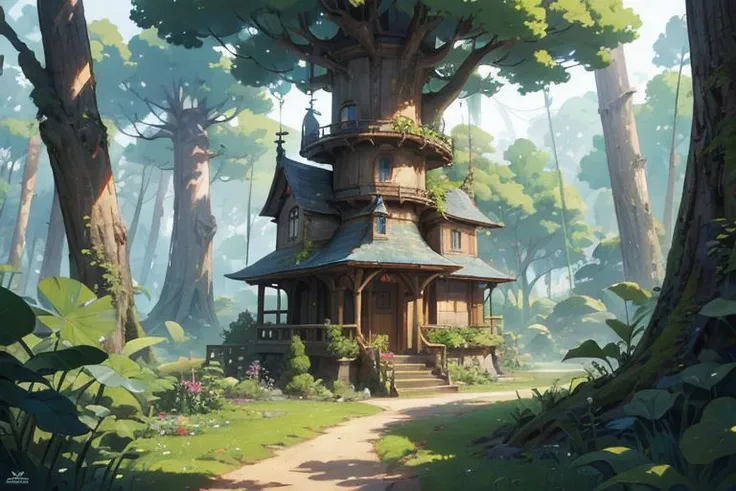 conceptual hidden watch tower, surrounded by large trees, ancient road, jungle ,composition components, studio ghibli anime, anime illustration,((beautiful)),(((best quality, masterpiece))),(((clear texture))),(((detailed texture))),(((high resolution)))