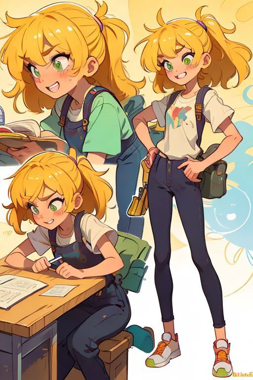 (full body), (charactersheet), (multiple views, full body, upper body, reference sheet), BREAK
1girl, (goldie_blox), green eyes, freckles, solo, beautiful face, delicate and detailed anime body, correct anatomy, BREAK
shirt, pants, sneakers, paint stained, wrench in hand, BREAK
(masterpiece, best quality), (absurdres:1.2), (ultra detailed, 8K, ultra highres:1.2), (bokeh, sharp focus, depth of field), full body, BREAK
sexy, happy, playful, seductive, cute, consistent, colorful, smiling, grin, BREAK
garage, work table