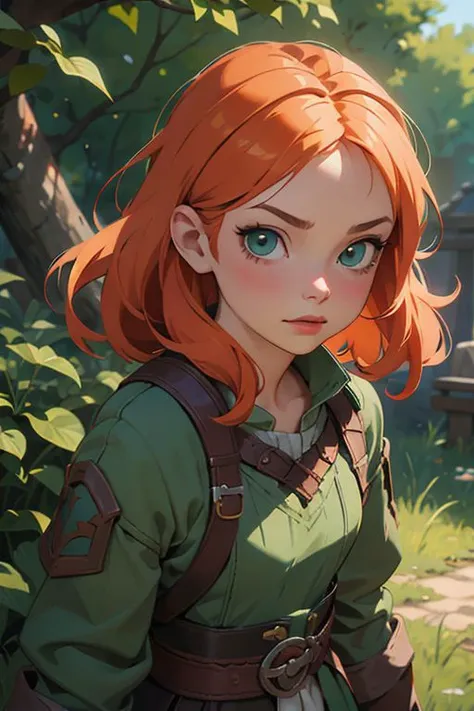 1girl, witcher outfit, small waist, orange hair, green eyes, (realistic eyes:1.3), perfect composition, 8K, intricate details, studio ghibli anime background, (best quality:1.3), masterpiece,